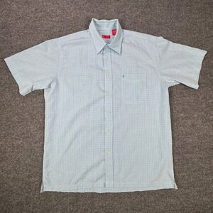 IZOD Shirt Mens L Light Blue Checkered Short Sleeve‎ Button Down Casual